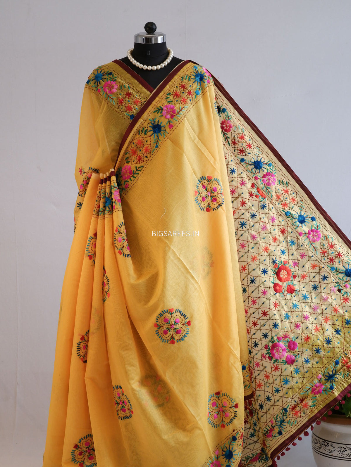 Phulkari Hand-Embroidered Saree | Chanderi Silk | Medium Chrome Yellow