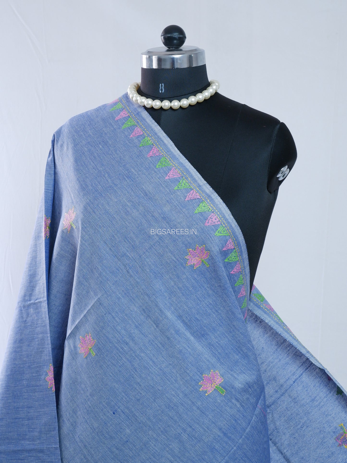Hand-Embroidered Kantha Stitch Dupatta | Khadi Cotton | Light Denim Blue