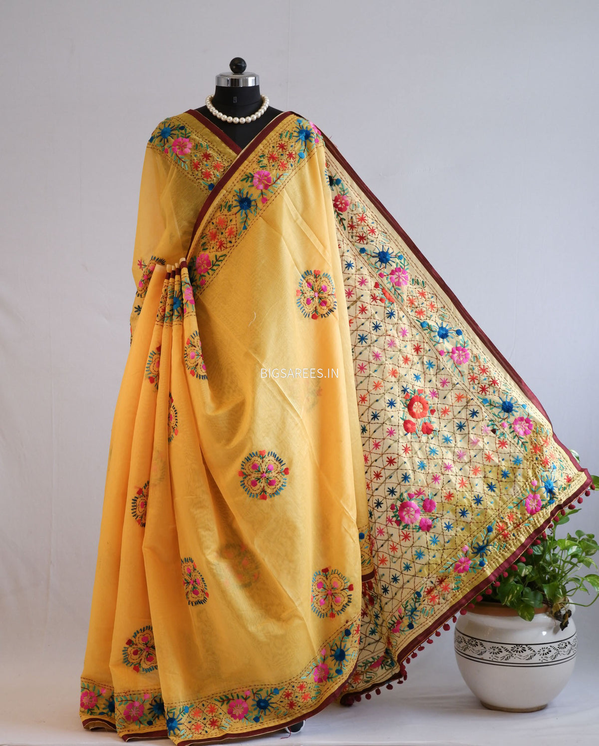 Phulkari Hand-Embroidered Saree | Chanderi Silk | Medium Chrome Yellow