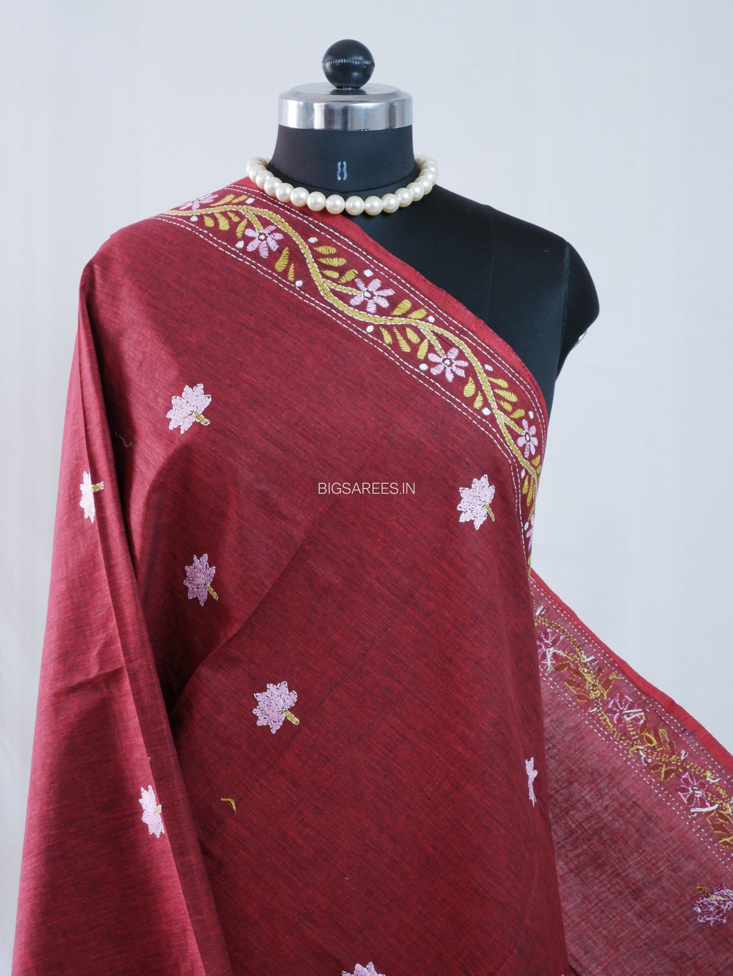 Hand-Embroidered Kantha Stitch Dupatta | Khadi Cotton | Maroon