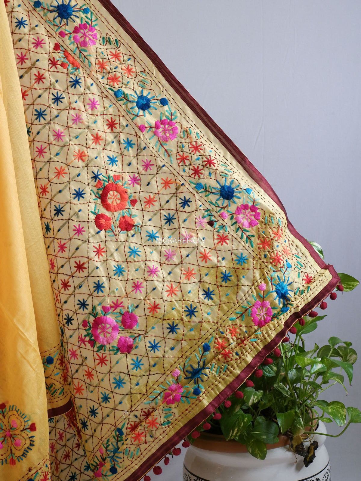 Phulkari Hand-Embroidered Saree | Chanderi Silk | Medium Chrome Yellow