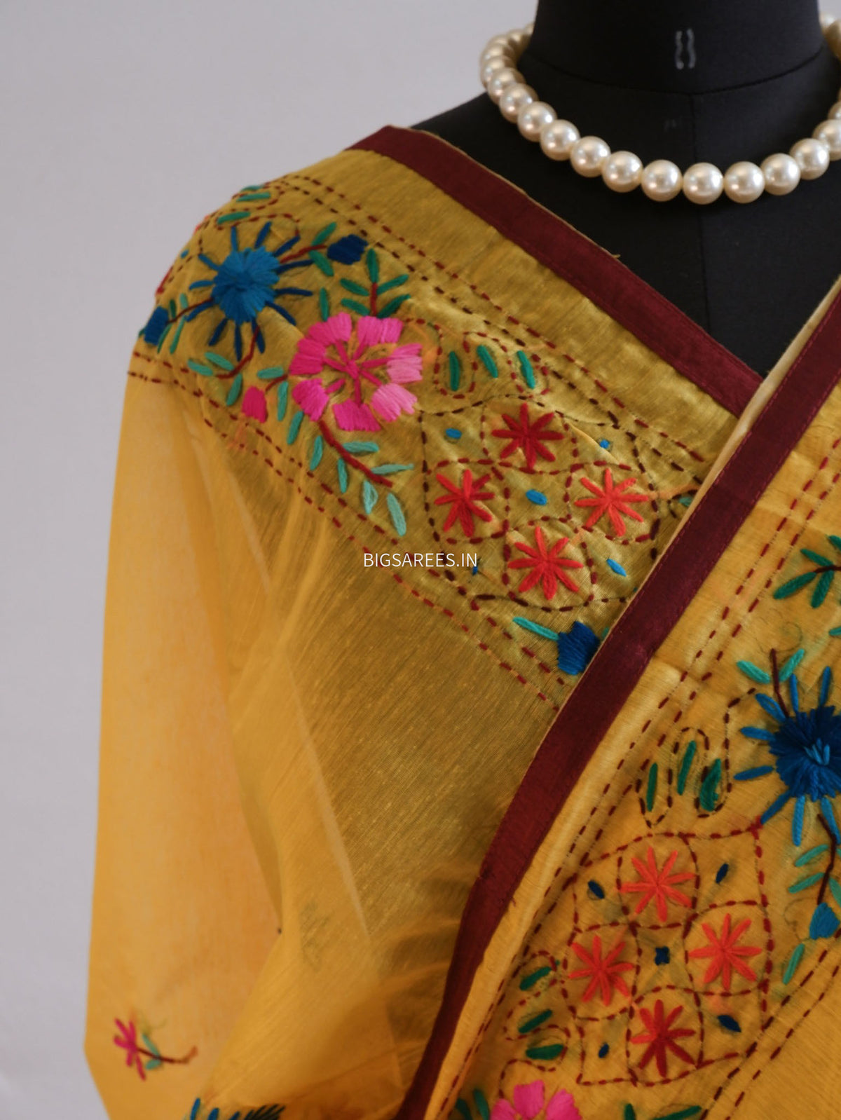 Phulkari Hand-Embroidered Saree | Chanderi Silk | Medium Chrome Yellow