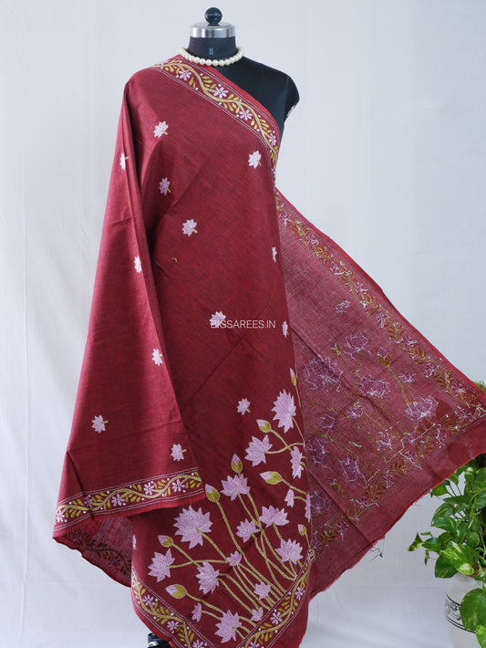 Hand-Embroidered Kantha Stitch Dupatta | Khadi Cotton | Maroon