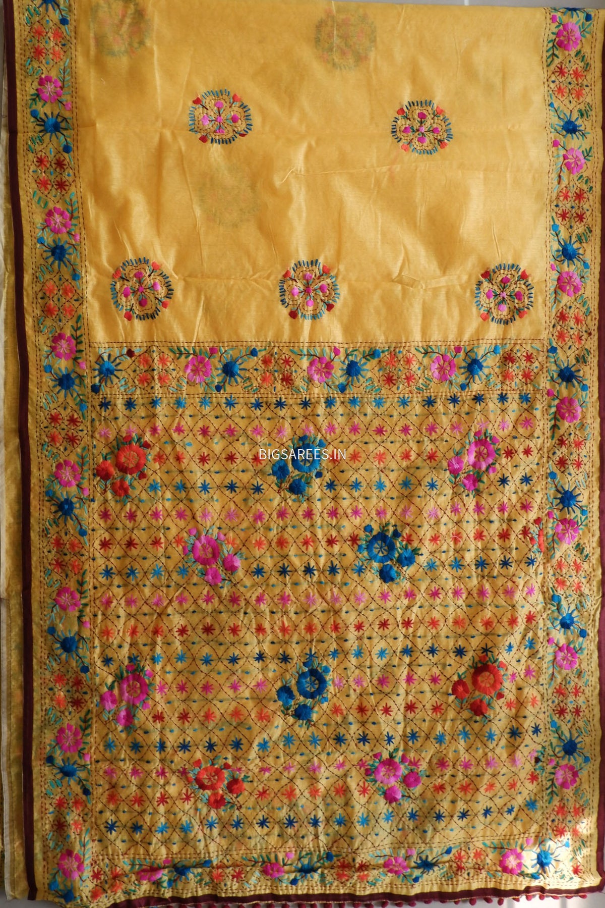 Phulkari Hand-Embroidered Saree | Chanderi Silk | Medium Chrome Yellow