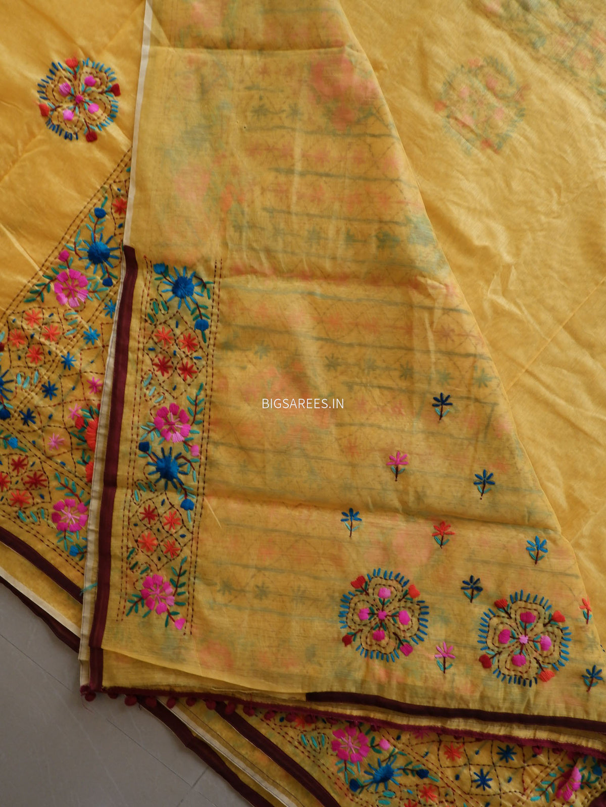Phulkari Hand-Embroidered Saree | Chanderi Silk | Medium Chrome Yellow
