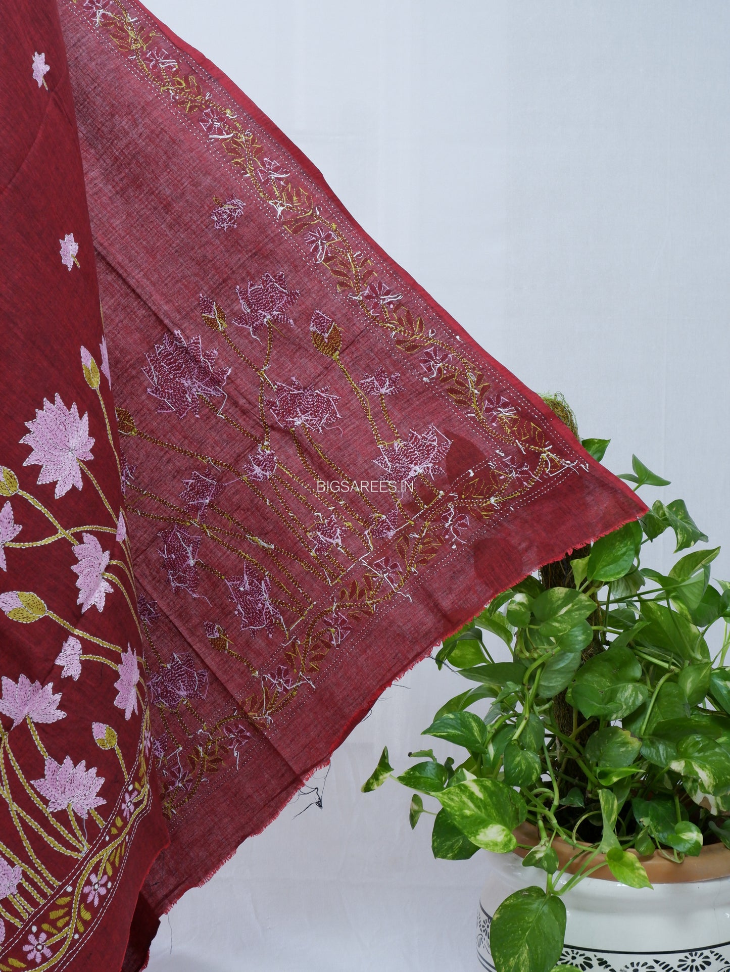 Hand-Embroidered Kantha Stitch Dupatta | Khadi Cotton | Maroon