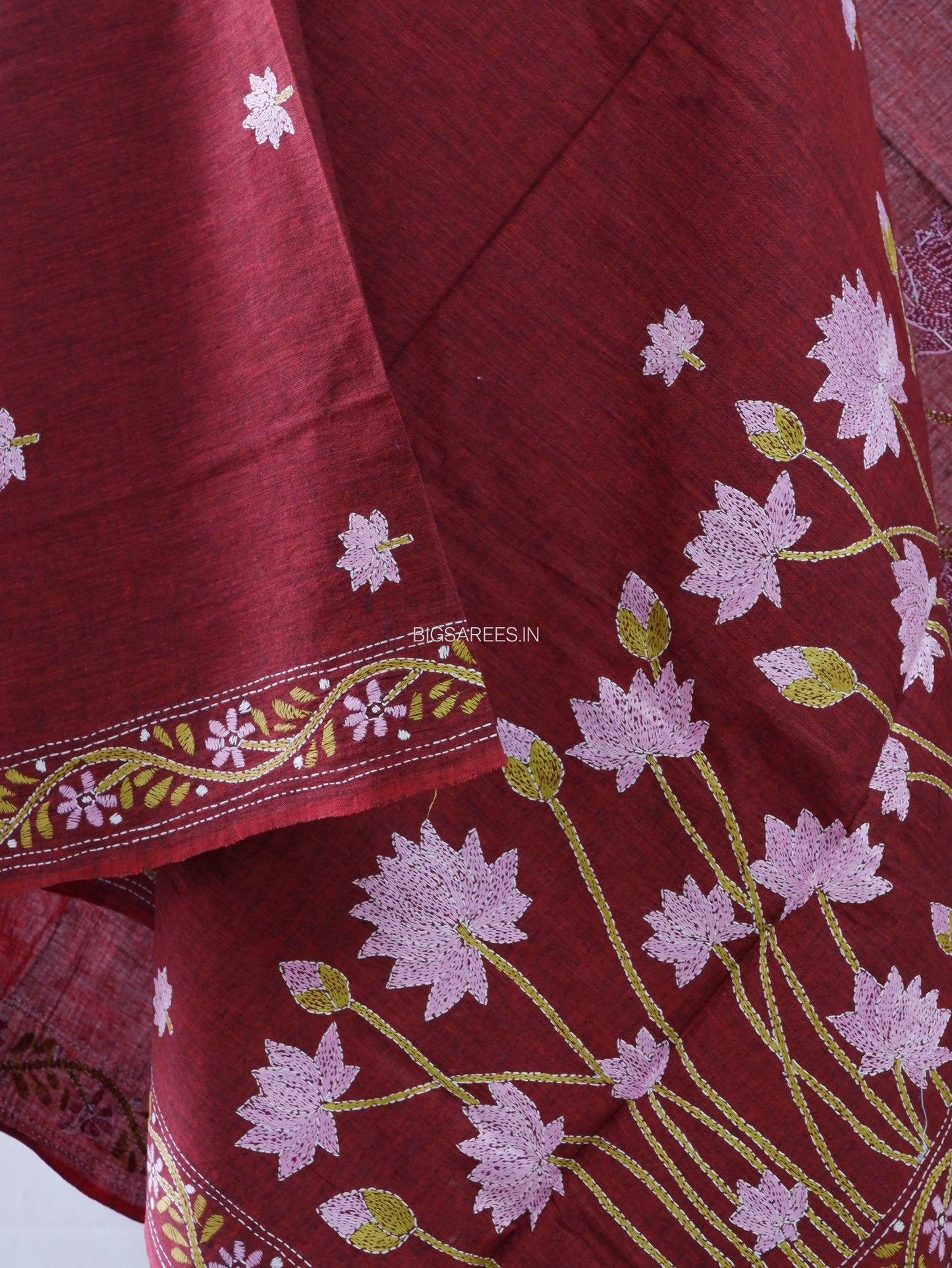 Hand-Embroidered Kantha Stitch Dupatta | Khadi Cotton | Maroon