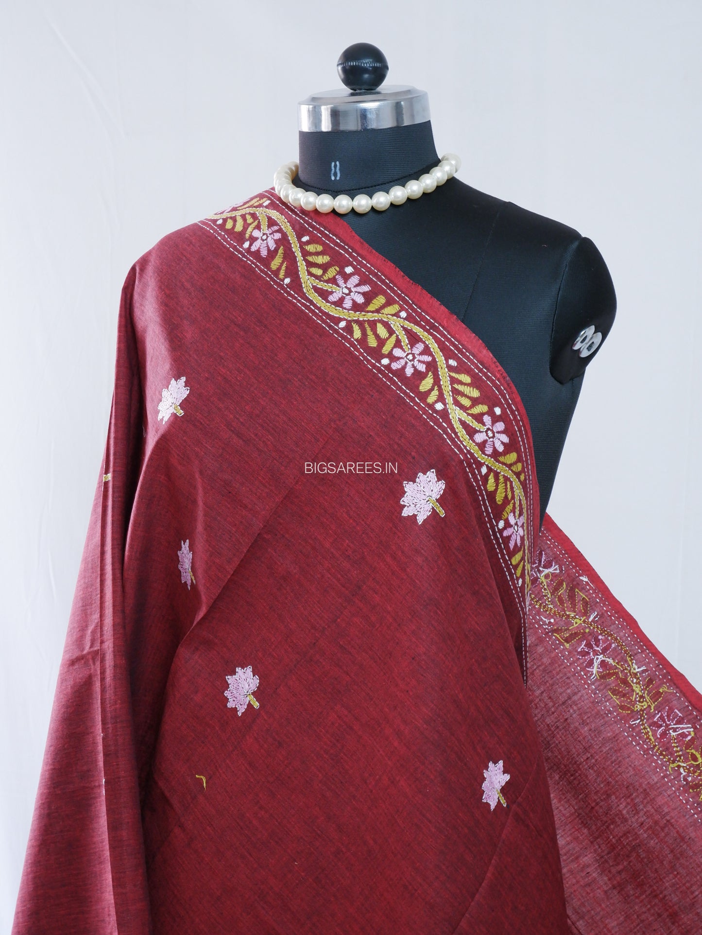 Hand-Embroidered Kantha Stitch Dupatta | Khadi Cotton | Maroon