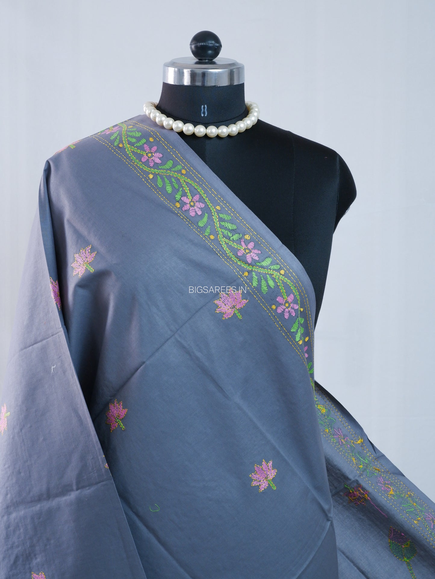 Hand-Embroidered Kantha Stitch Dupatta | Khadi Cotton | Slate Gray