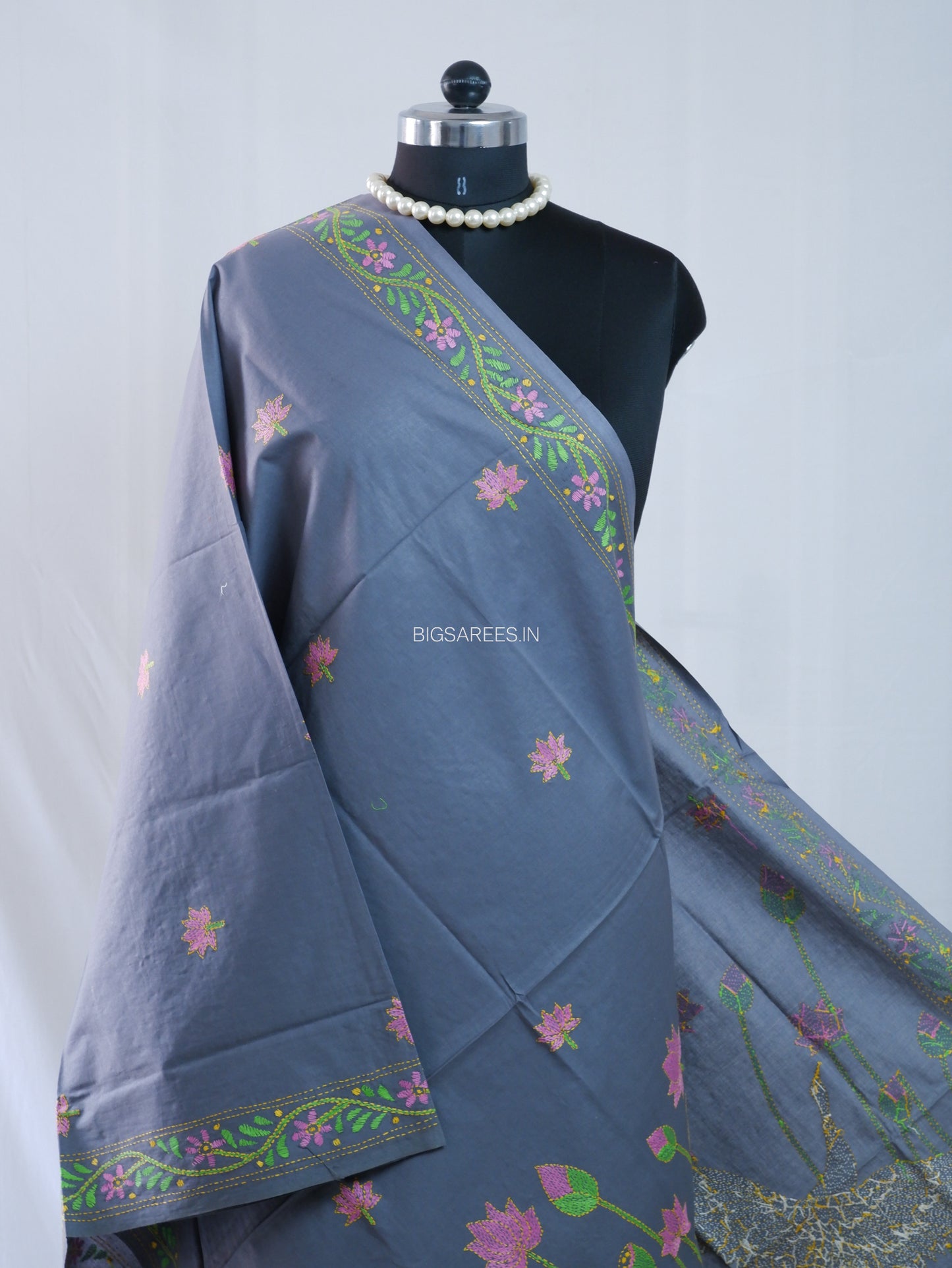 Hand-Embroidered Kantha Stitch Dupatta | Khadi Cotton | Slate Gray