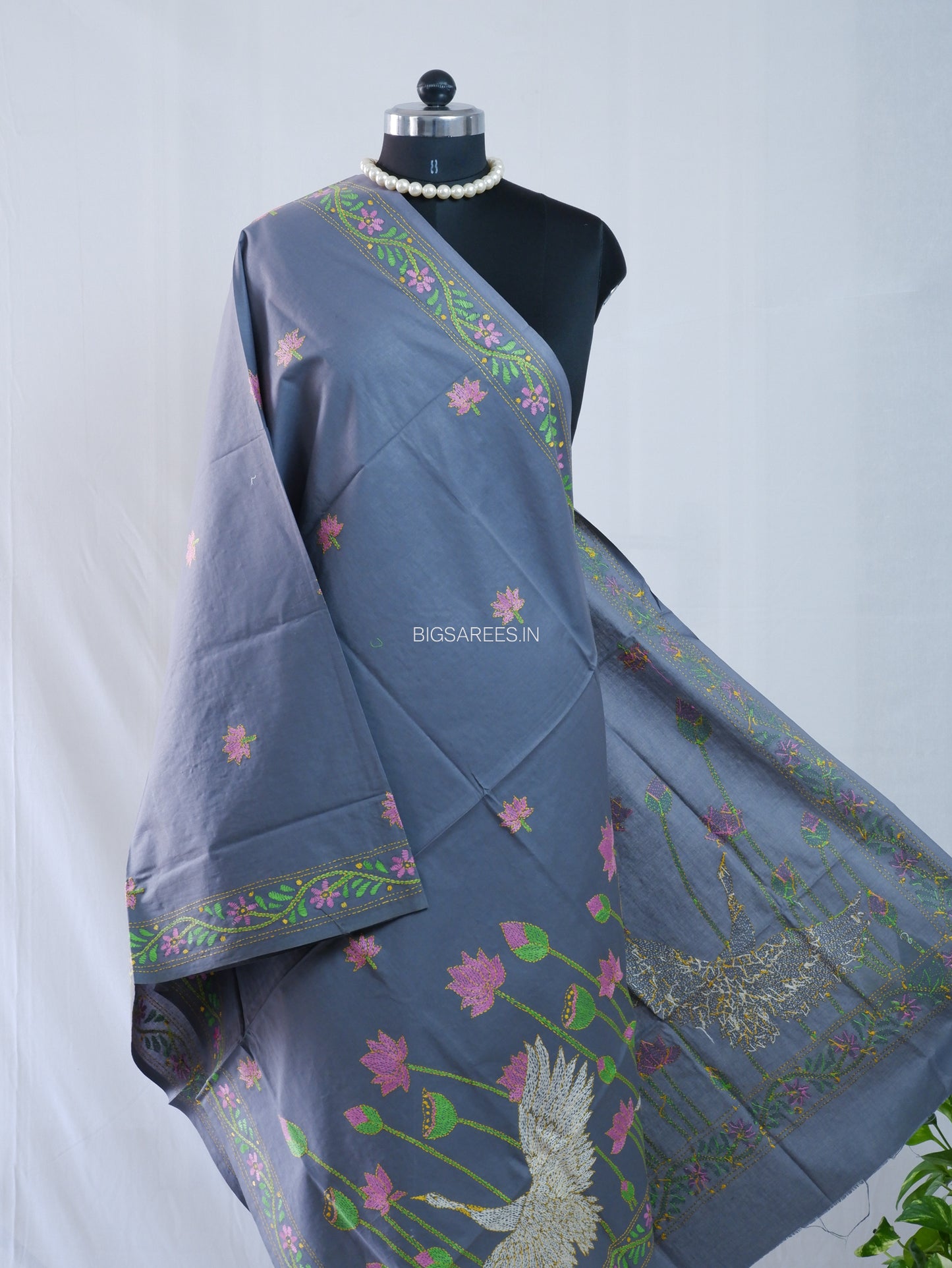Hand-Embroidered Kantha Stitch Dupatta | Khadi Cotton | Slate Gray