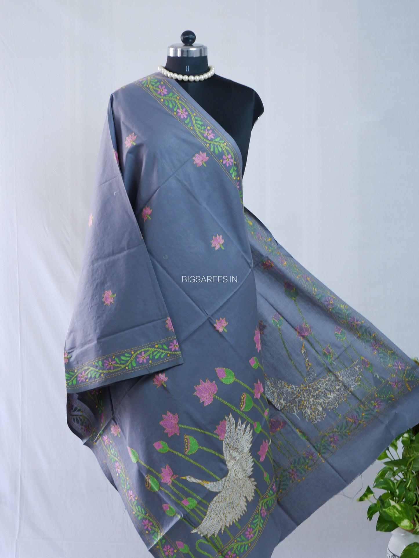 Hand-Embroidered Kantha Stitch Dupatta | Khadi Cotton | Slate Gray