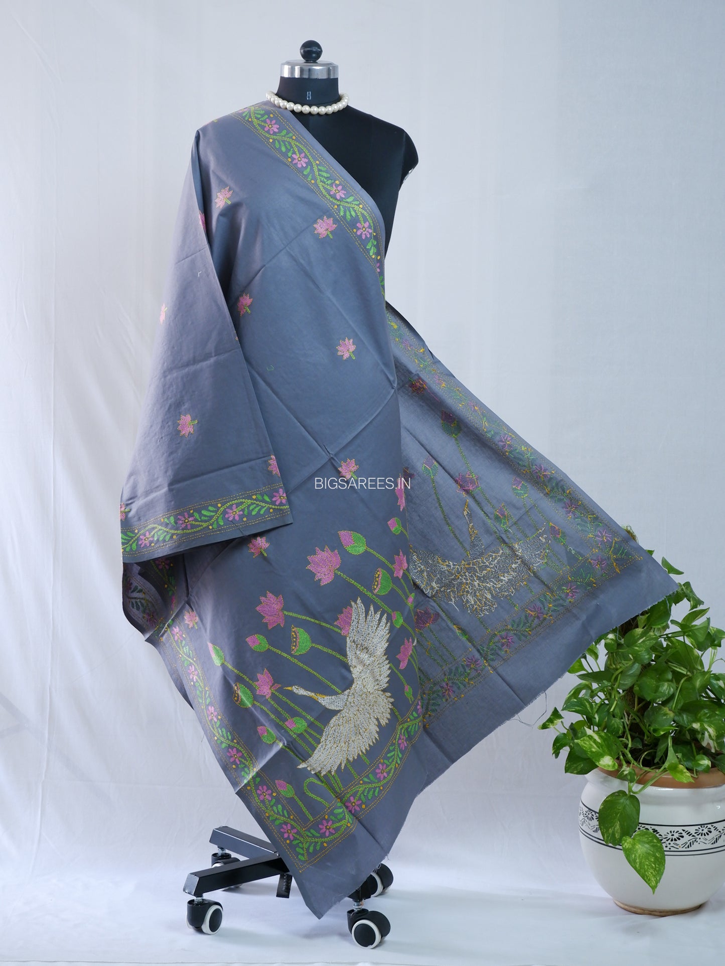 Hand-Embroidered Kantha Stitch Dupatta | Khadi Cotton | Slate Gray