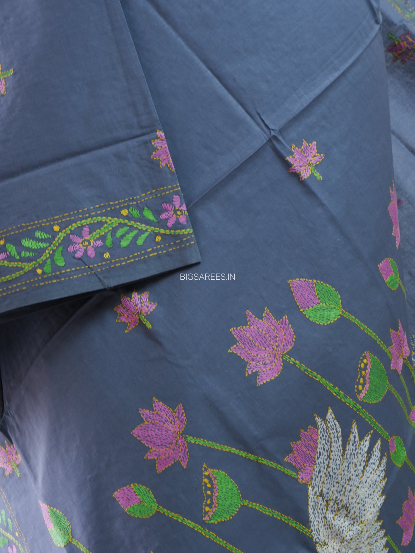 Hand-Embroidered Kantha Stitch Dupatta | Khadi Cotton | Slate Gray