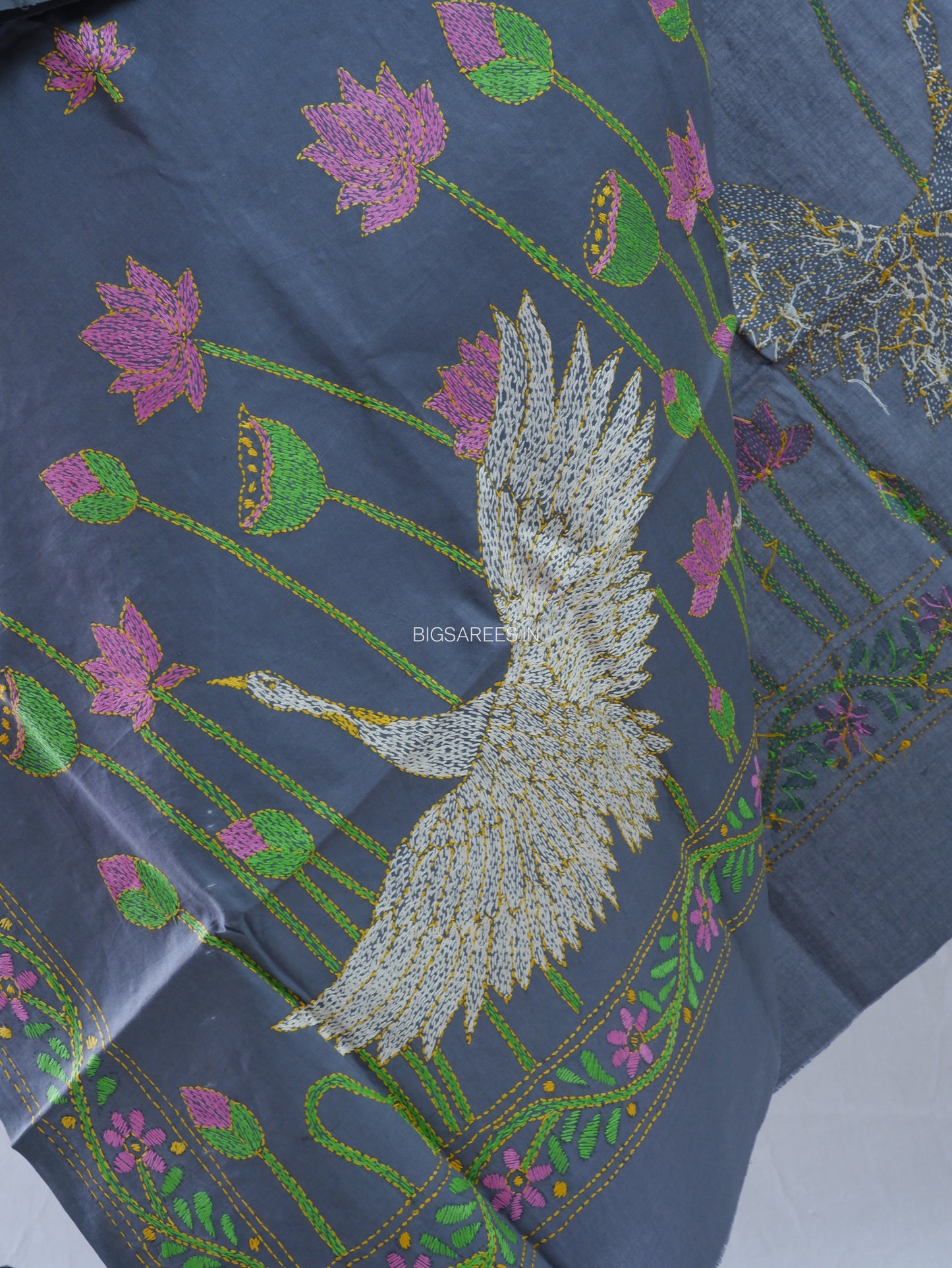Hand-Embroidered Kantha Stitch Dupatta | Khadi Cotton | Slate Gray