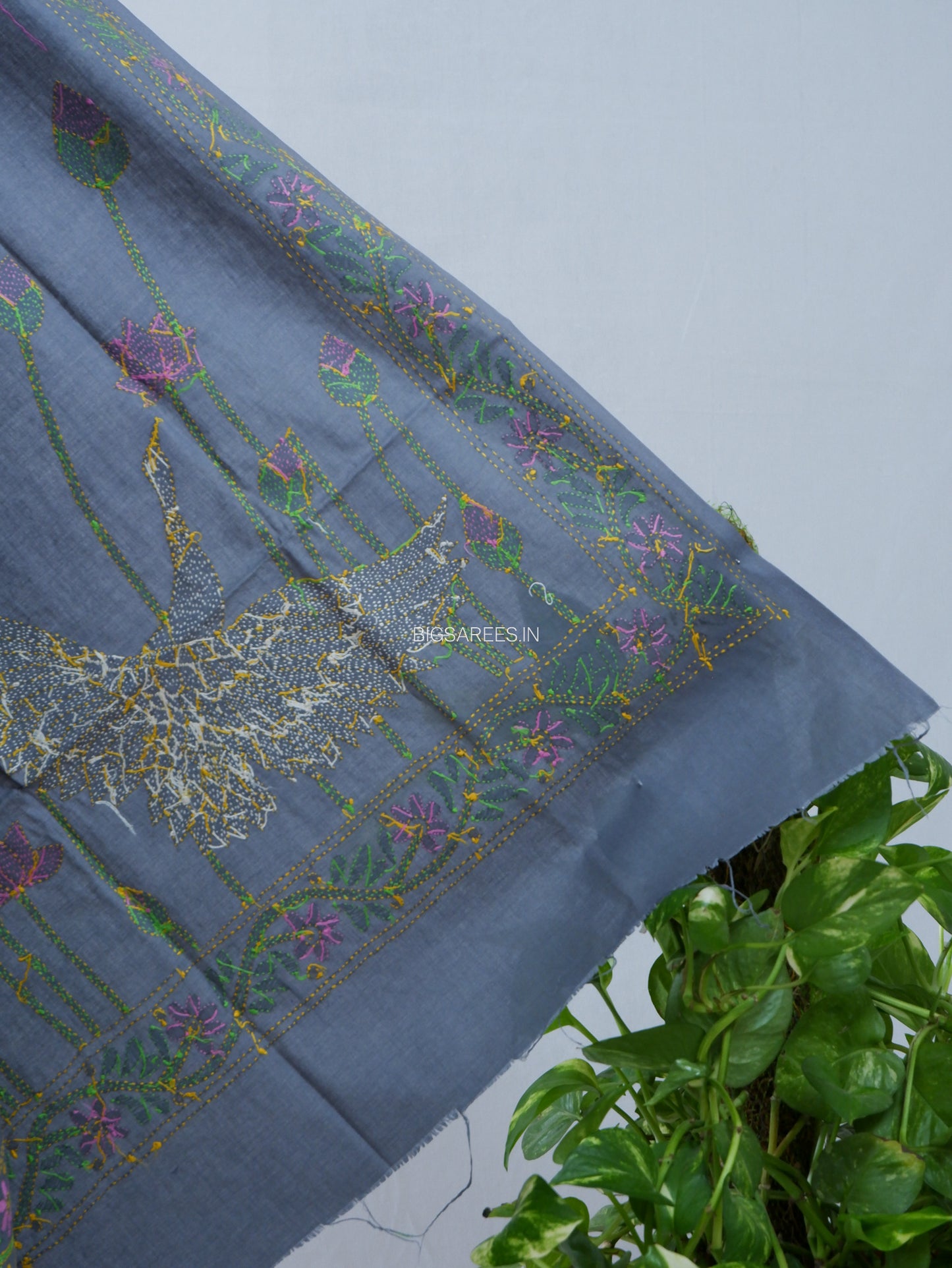 Hand-Embroidered Kantha Stitch Dupatta | Khadi Cotton | Slate Gray