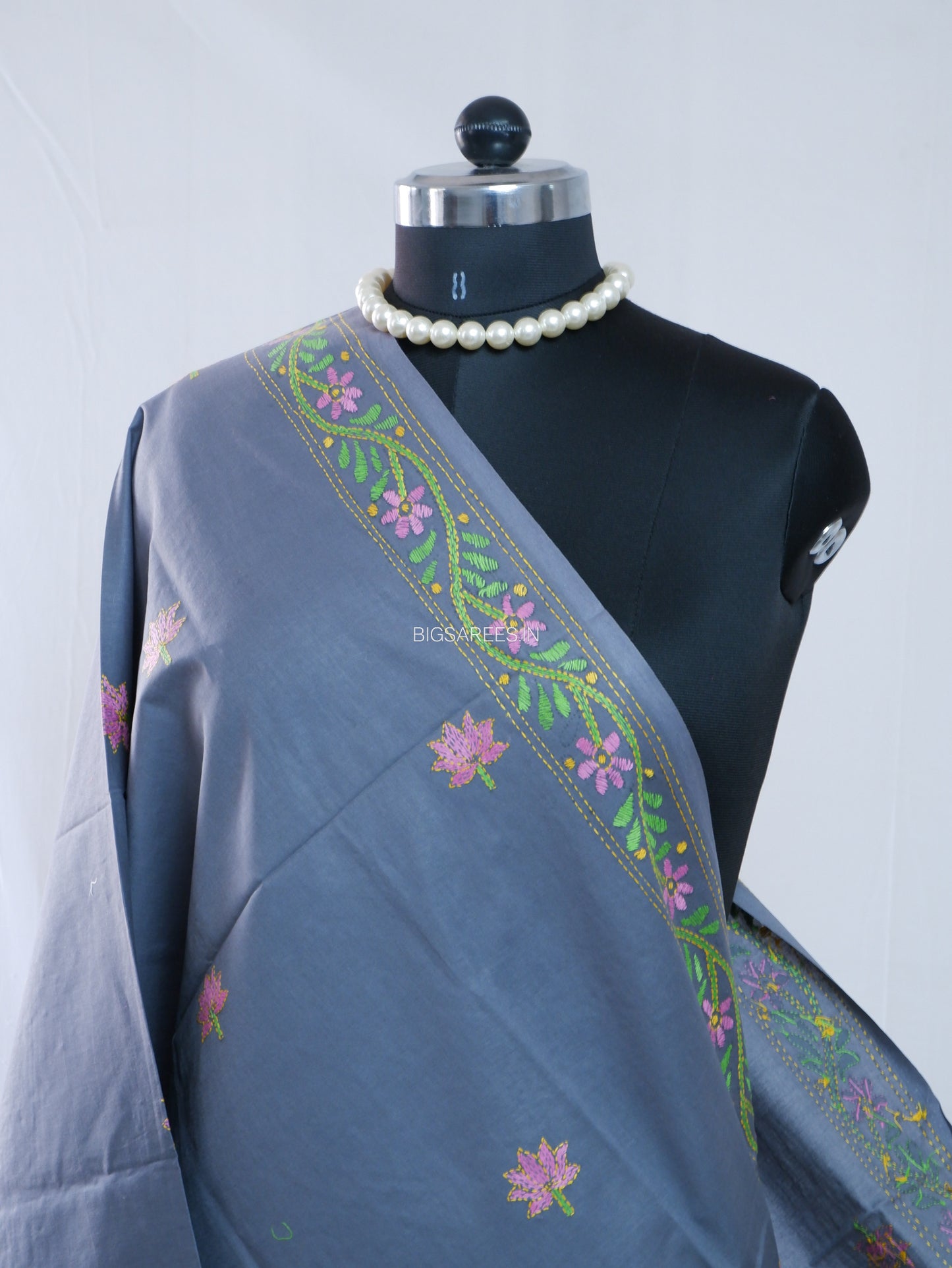 Hand-Embroidered Kantha Stitch Dupatta | Khadi Cotton | Slate Gray