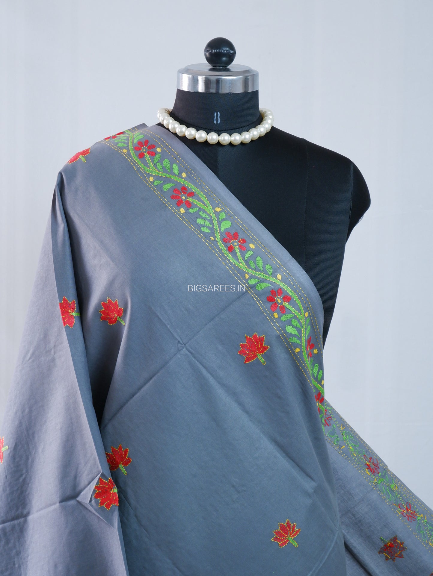 Hand-Embroidered Kantha Stitch Dupatta | Khadi Cotton | Slate Gray