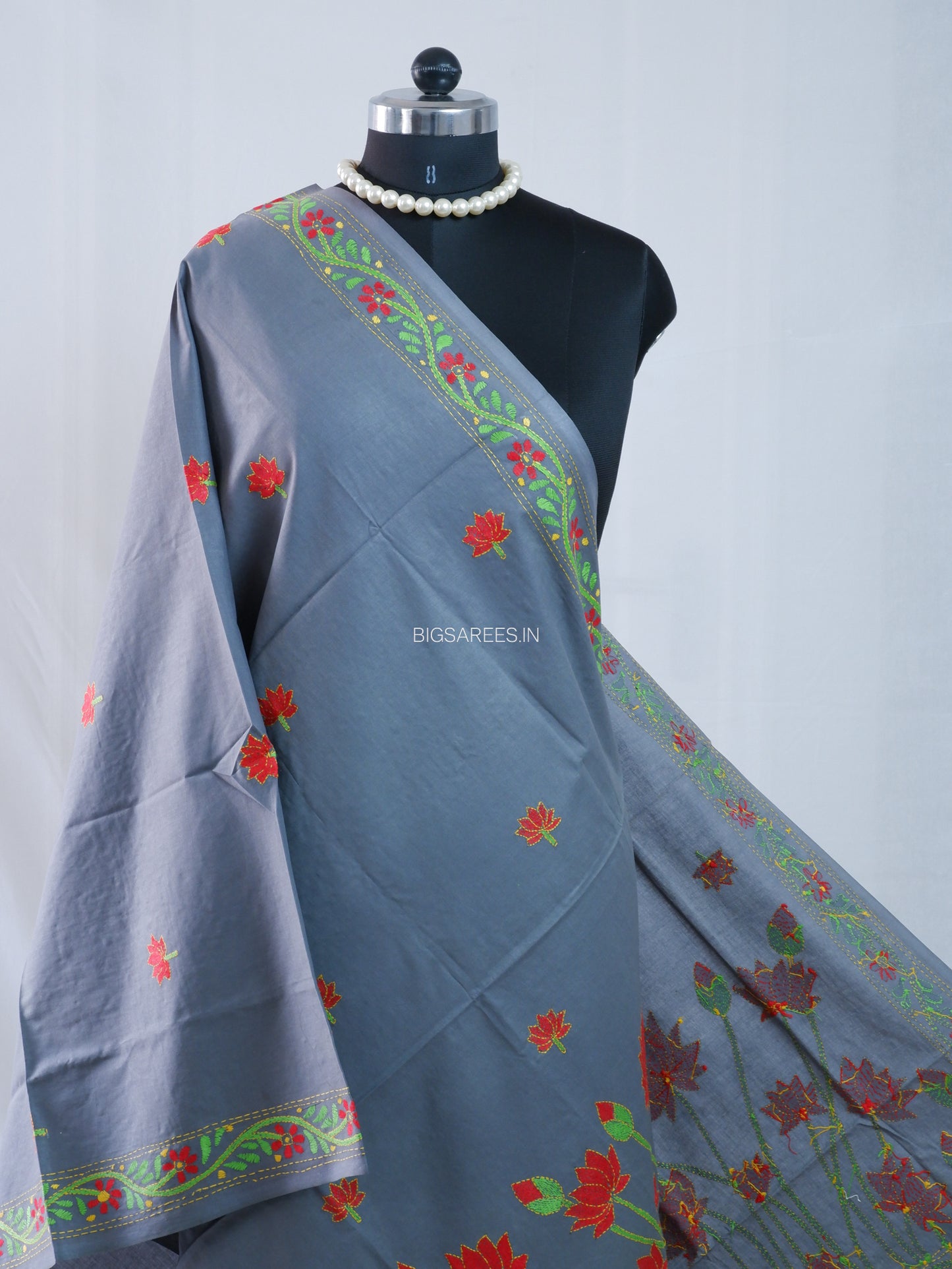 Hand-Embroidered Kantha Stitch Dupatta | Khadi Cotton | Slate Gray