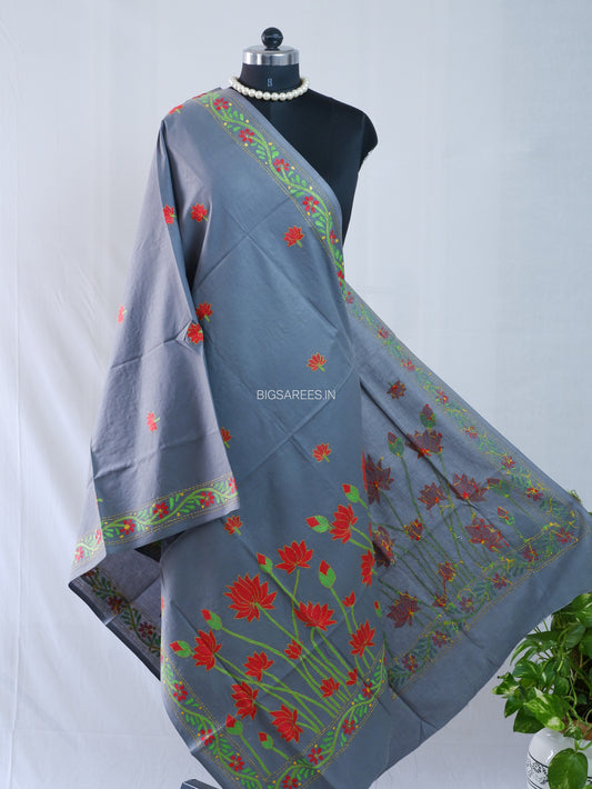Hand-Embroidered Kantha Stitch Dupatta | Khadi Cotton | Slate Gray