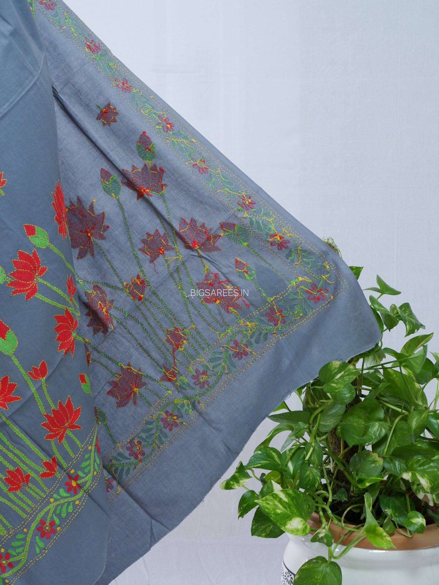 Hand-Embroidered Kantha Stitch Dupatta | Khadi Cotton | Slate Gray