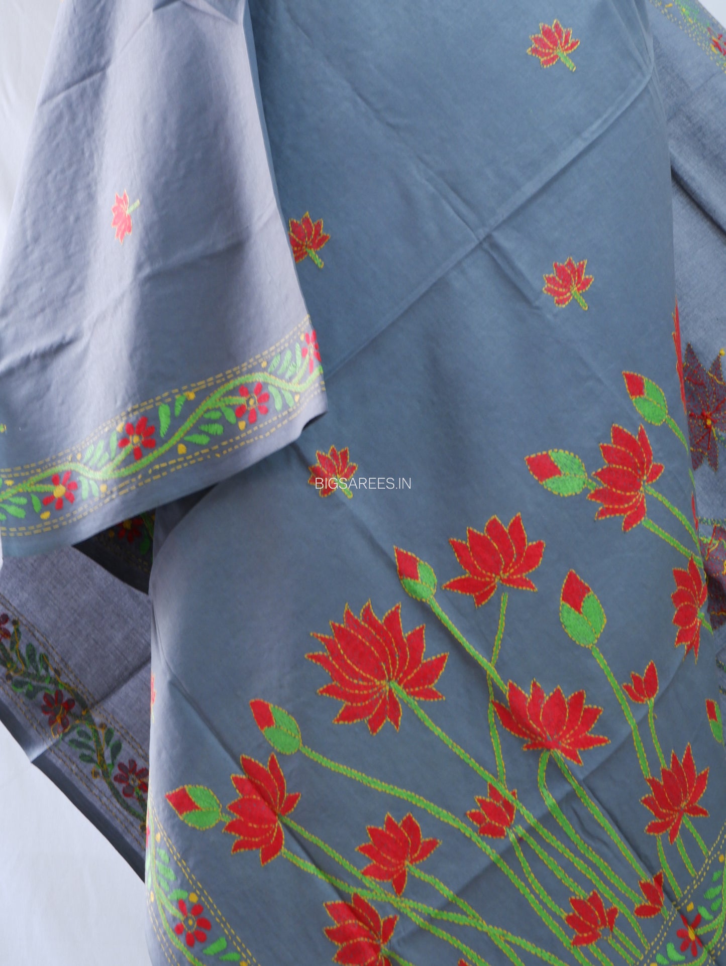 Hand-Embroidered Kantha Stitch Dupatta | Khadi Cotton | Slate Gray