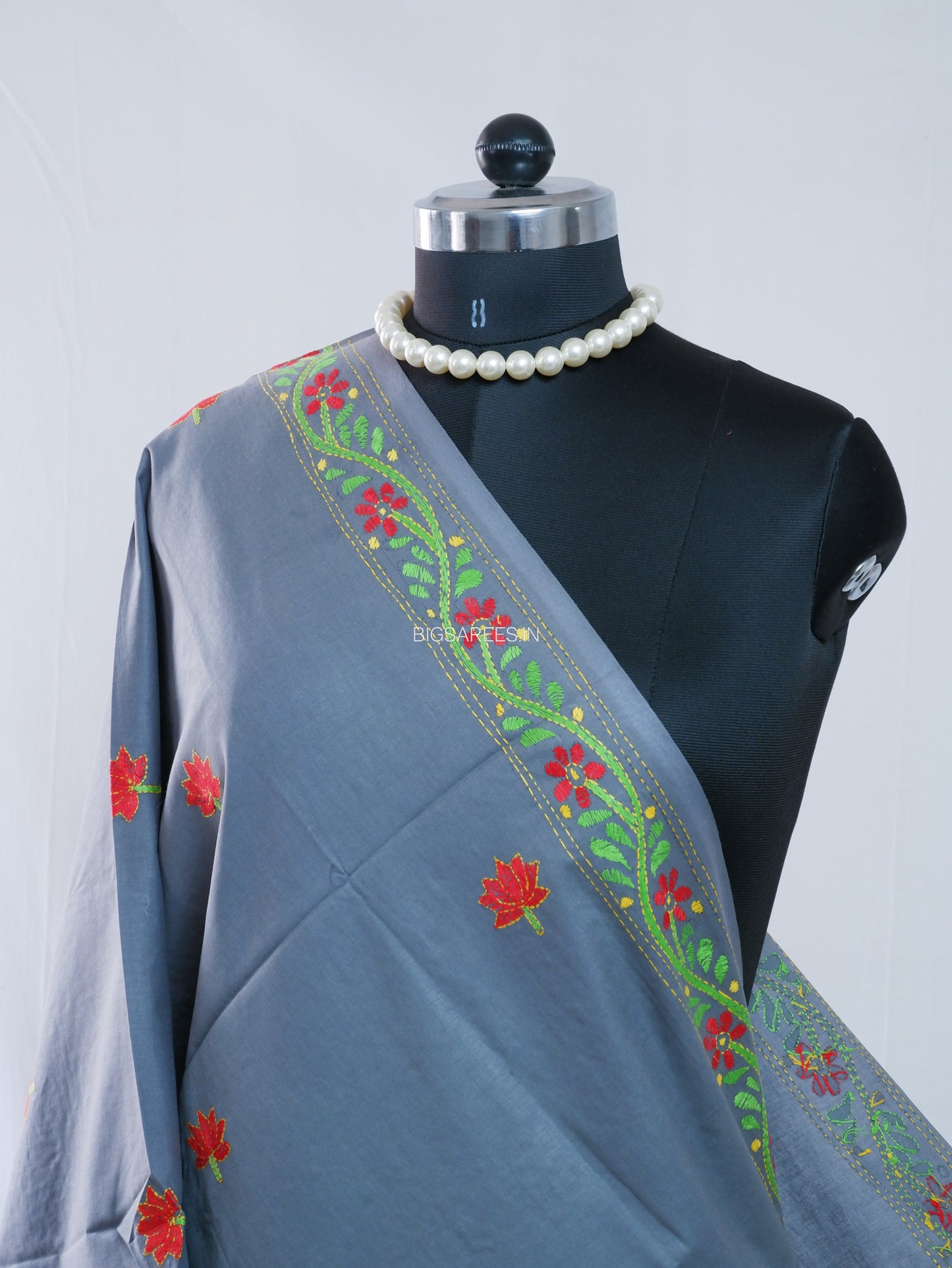 Hand-Embroidered Kantha Stitch Dupatta | Khadi Cotton | Slate Gray
