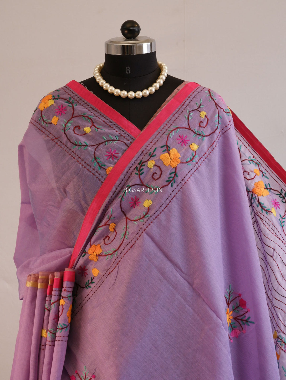 Phulkari Hand-Embroidered Saree | Chanderi Silk | Lilac (Dual Tone)