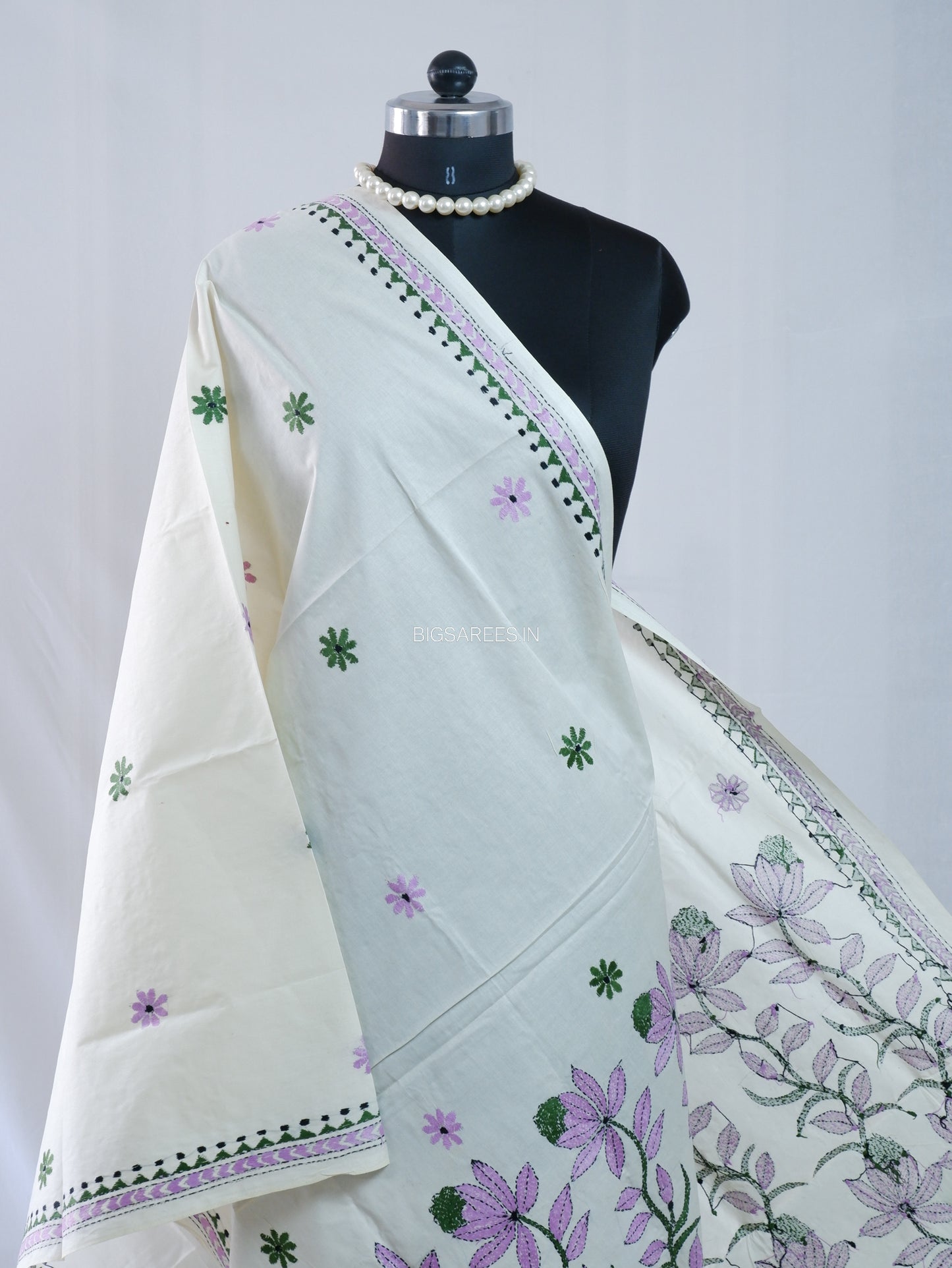 Hand-Embroidered Kantha Stitch Dupatta | Khadi Cotton | White