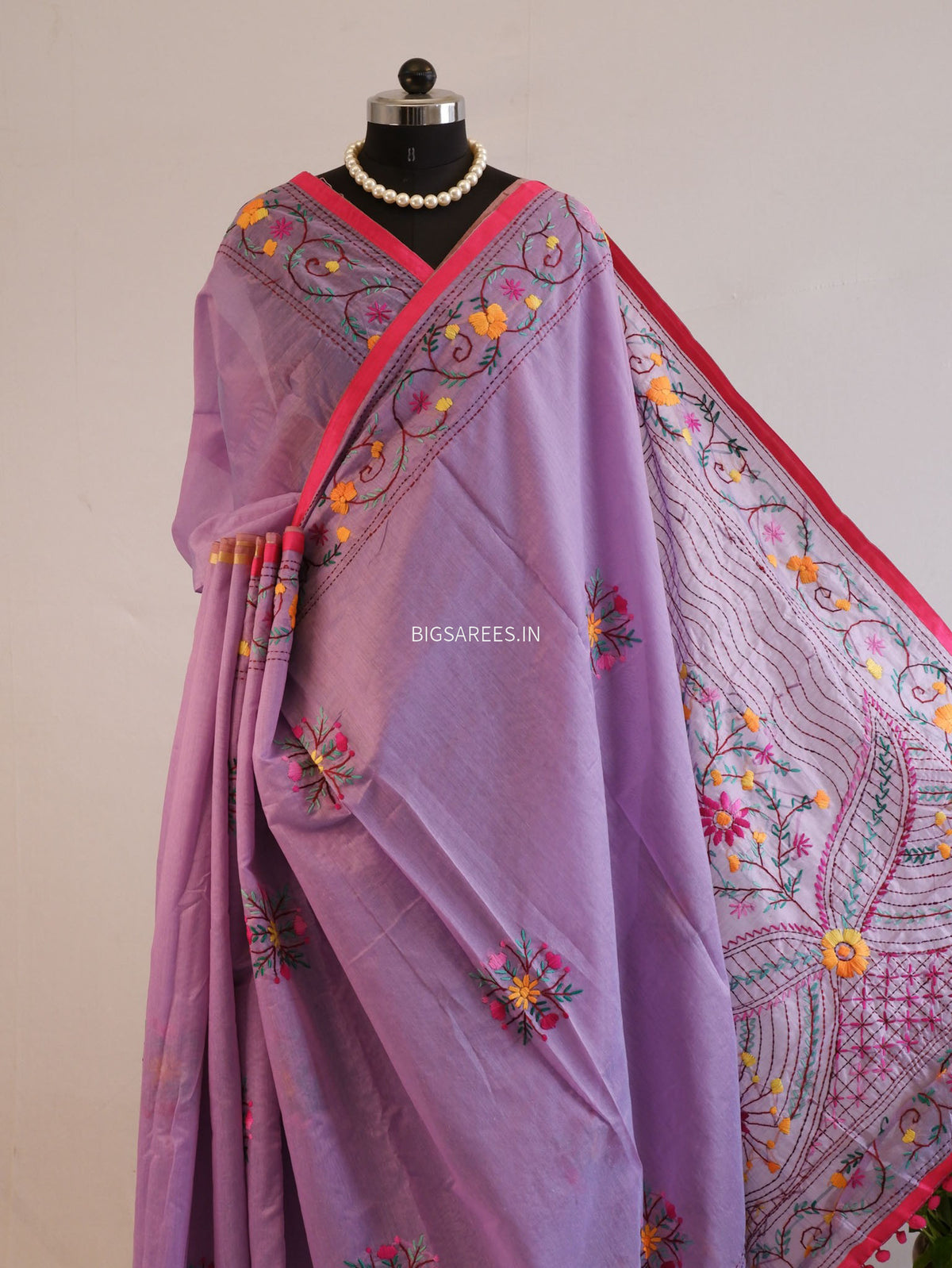 Phulkari Hand-Embroidered Saree | Chanderi Silk | Lilac (Dual Tone)