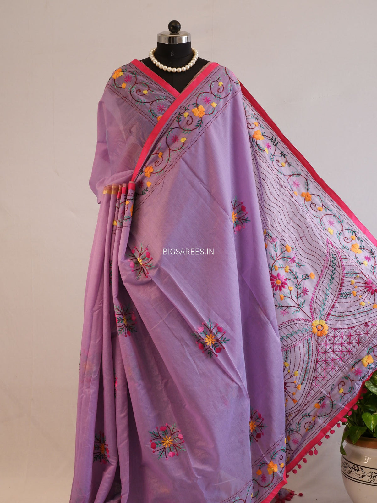 Phulkari Hand-Embroidered Saree | Chanderi Silk | Lilac (Dual Tone)