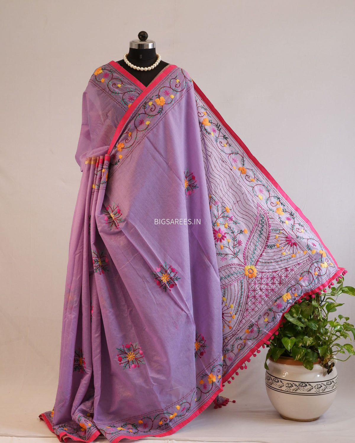 Phulkari Hand-Embroidered Saree | Chanderi Silk | Lilac (Dual Tone)