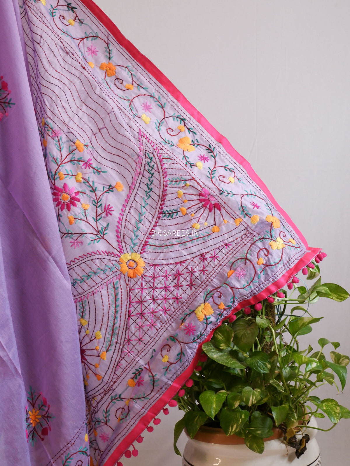 Phulkari Hand-Embroidered Saree | Chanderi Silk | Lilac (Dual Tone)