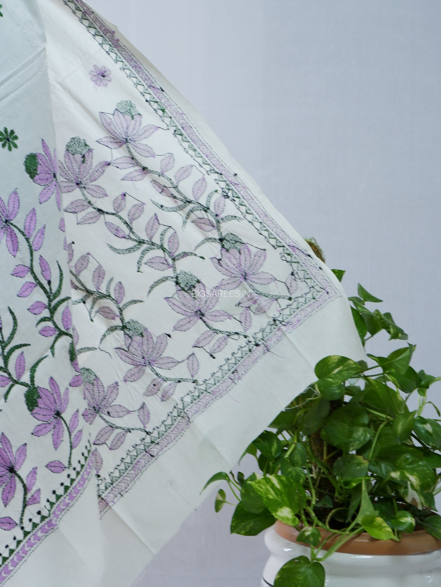 Hand-Embroidered Kantha Stitch Dupatta | Khadi Cotton | White