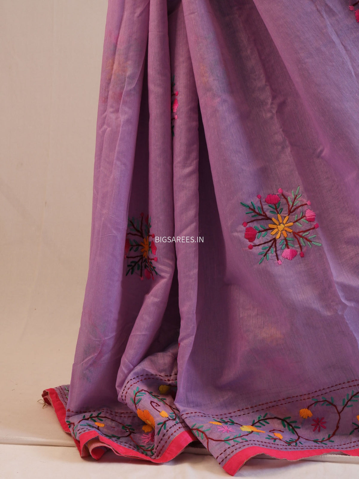 Phulkari Hand-Embroidered Saree | Chanderi Silk | Lilac (Dual Tone)