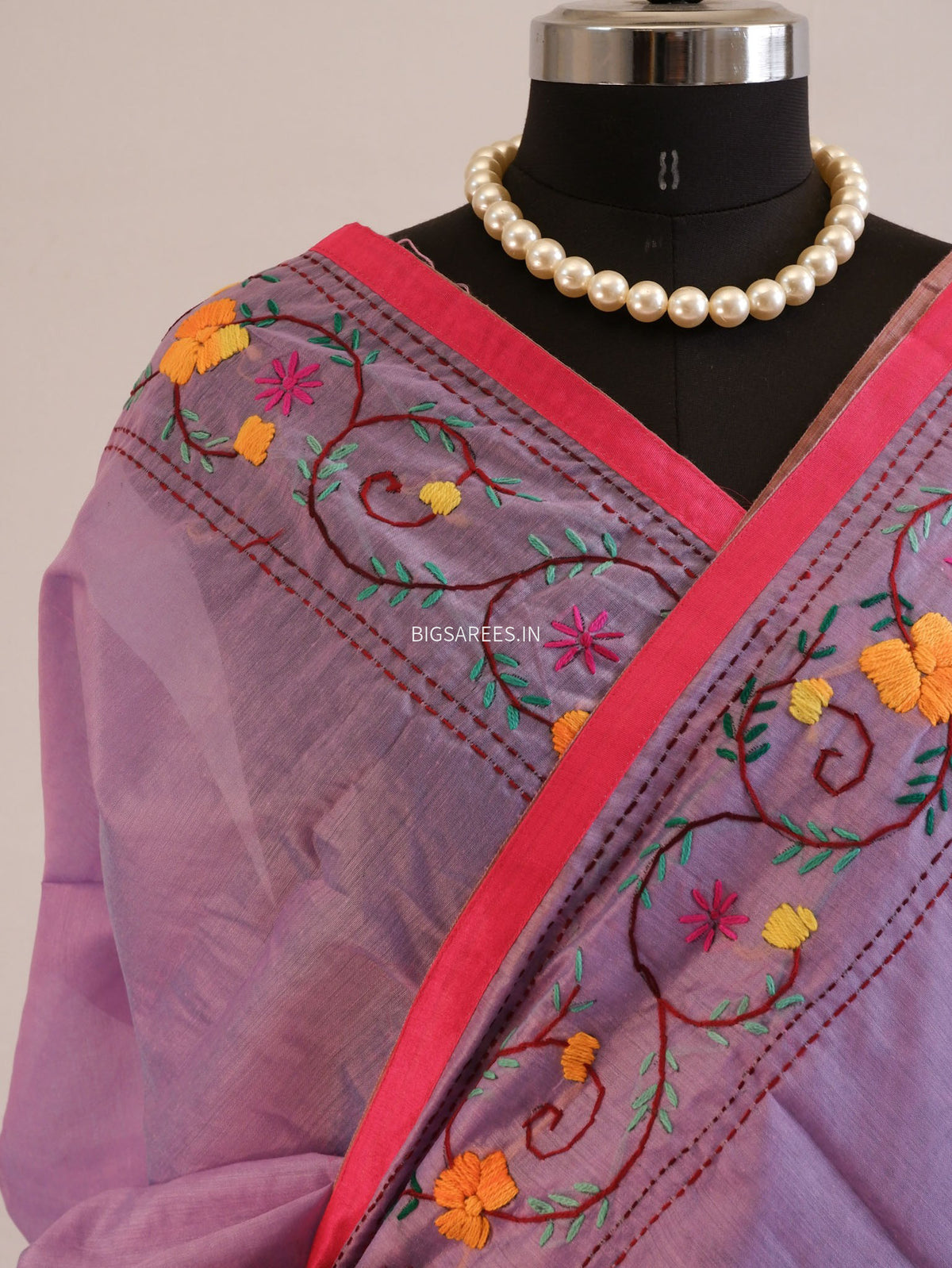 Phulkari Hand-Embroidered Saree | Chanderi Silk | Lilac (Dual Tone)