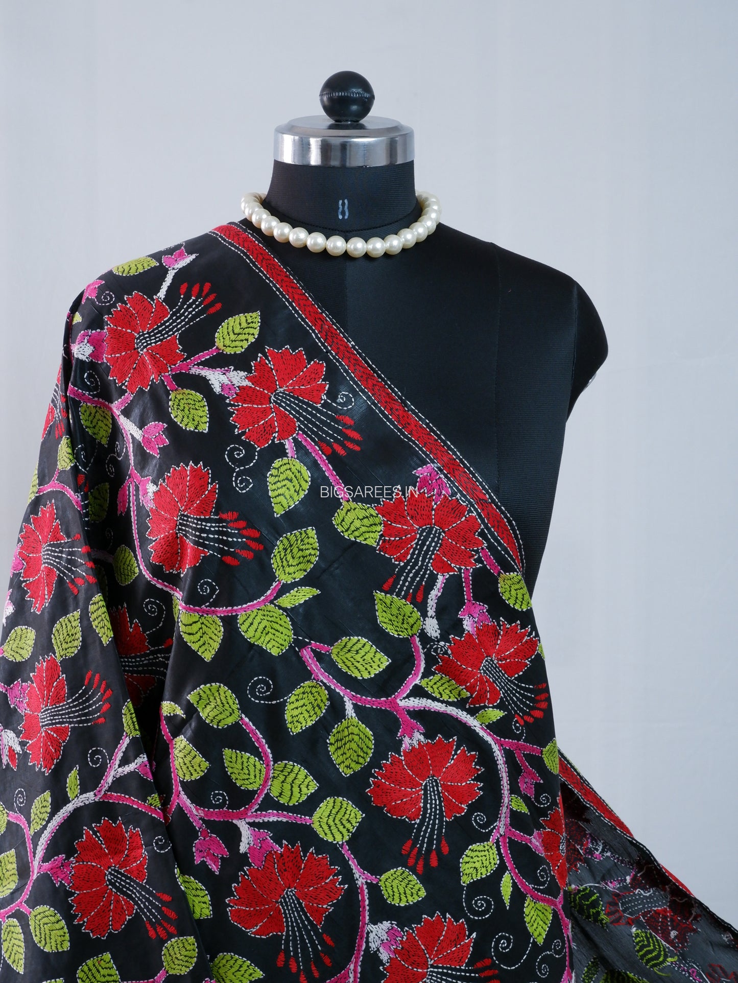 Kantha Hand-Embroidered Dupatta | Blended Bangalore Silk | Full Work | Black