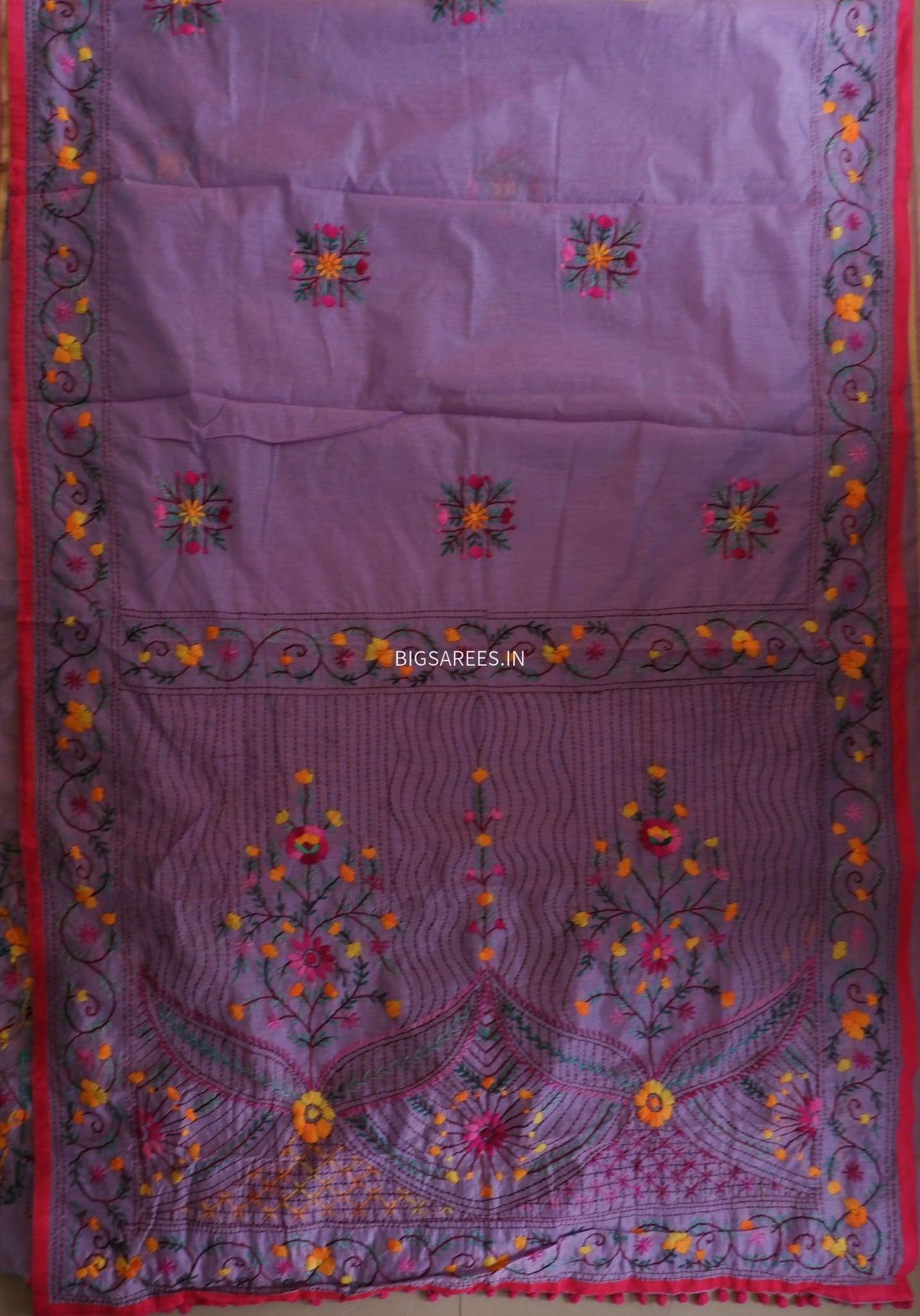 Phulkari Hand-Embroidered Saree | Chanderi Silk | Lilac (Dual Tone)