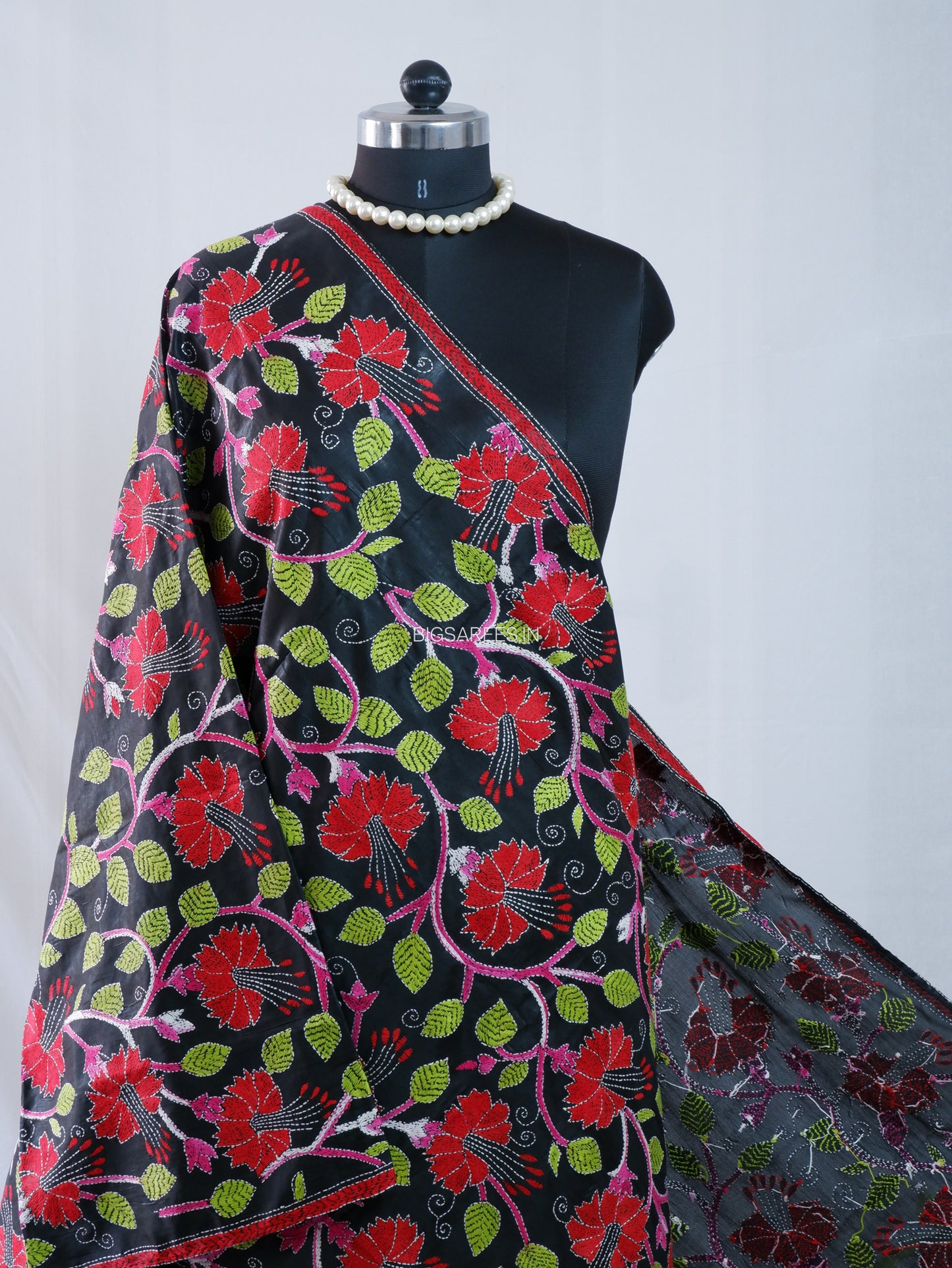 Kantha Hand-Embroidered Dupatta | Blended Bangalore Silk | Full Work | Black