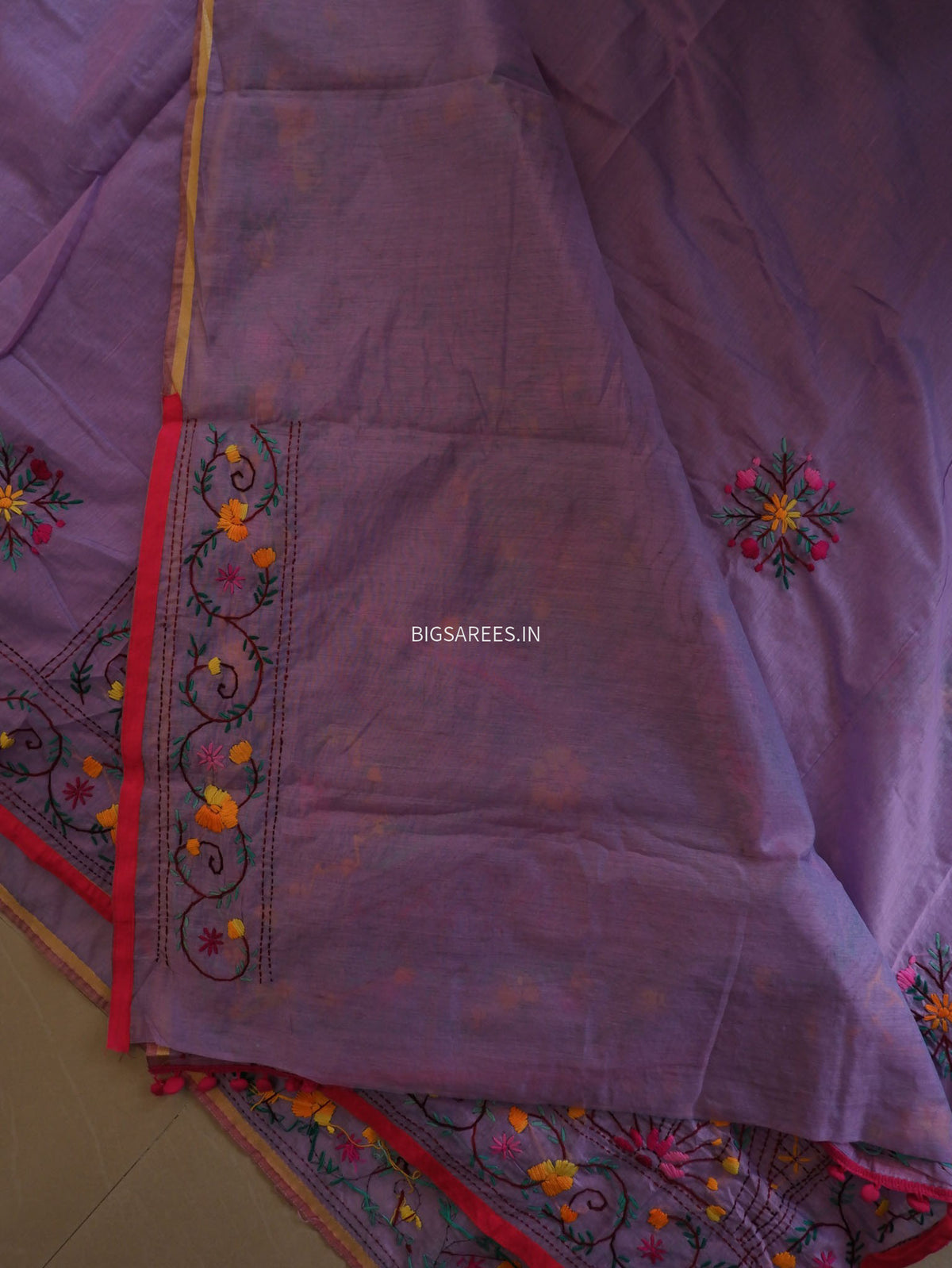 Phulkari Hand-Embroidered Saree | Chanderi Silk | Lilac (Dual Tone)