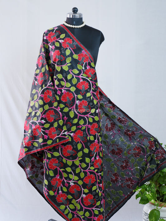 Kantha Hand-Embroidered Dupatta | Blended Bangalore Silk | Full Work | Black
