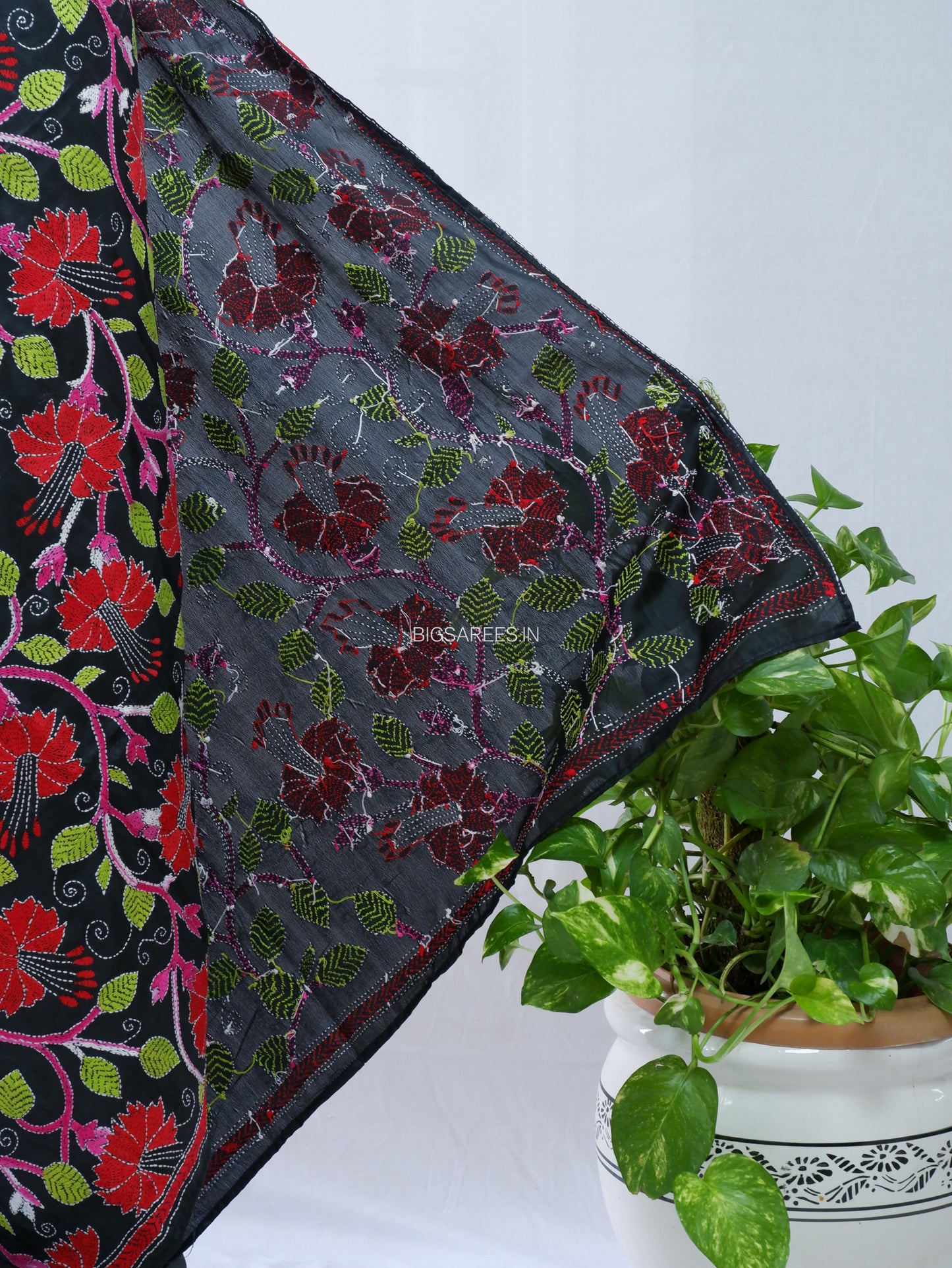 Kantha Hand-Embroidered Dupatta | Blended Bangalore Silk | Full Work | Black
