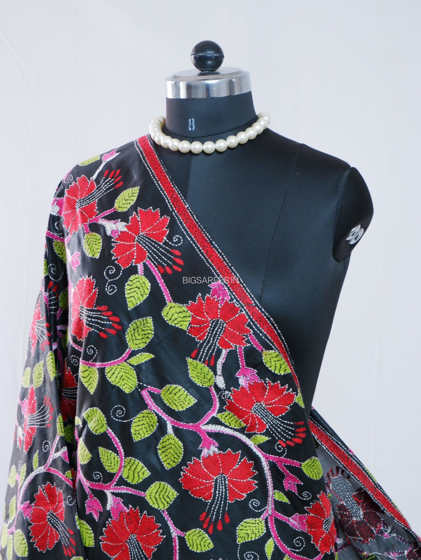 Kantha Hand-Embroidered Dupatta | Blended Bangalore Silk | Full Work | Black