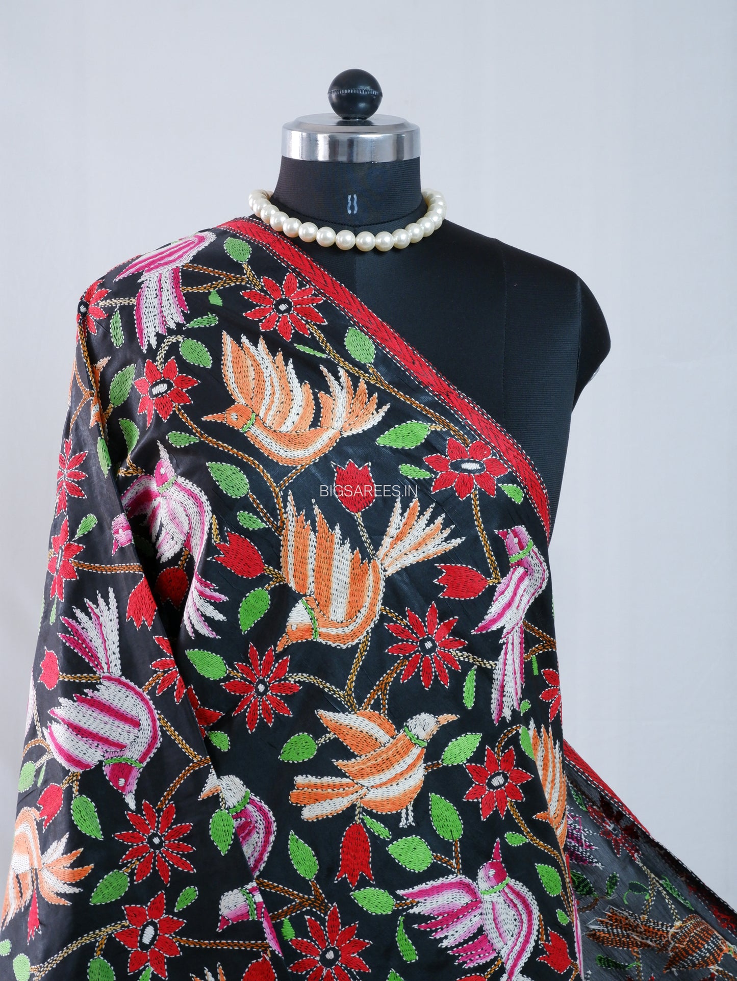 Kantha Hand-Embroidered Dupatta | Blended Bangalore Silk | Full Work | Black