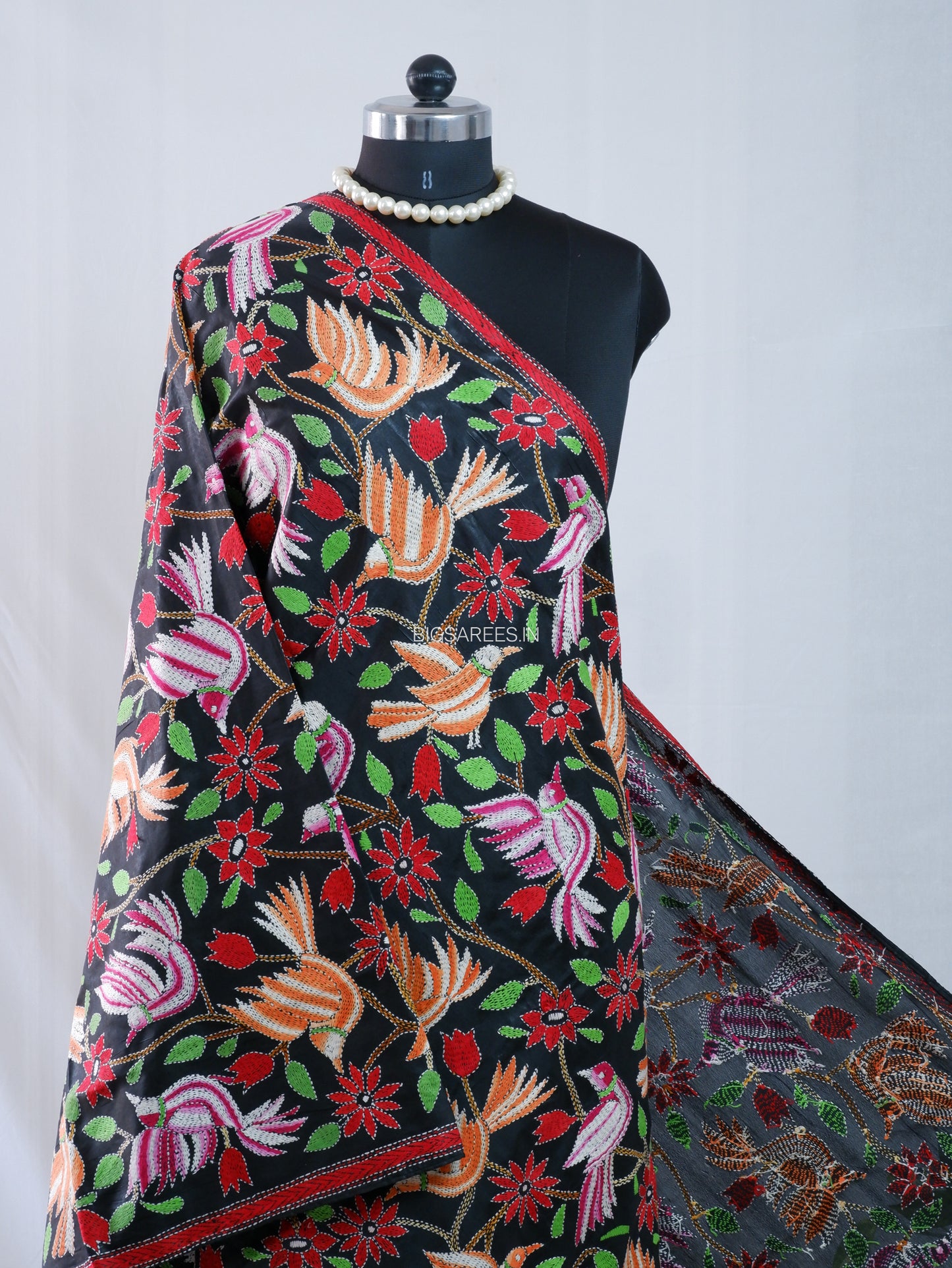 Kantha Hand-Embroidered Dupatta | Blended Bangalore Silk | Full Work | Black