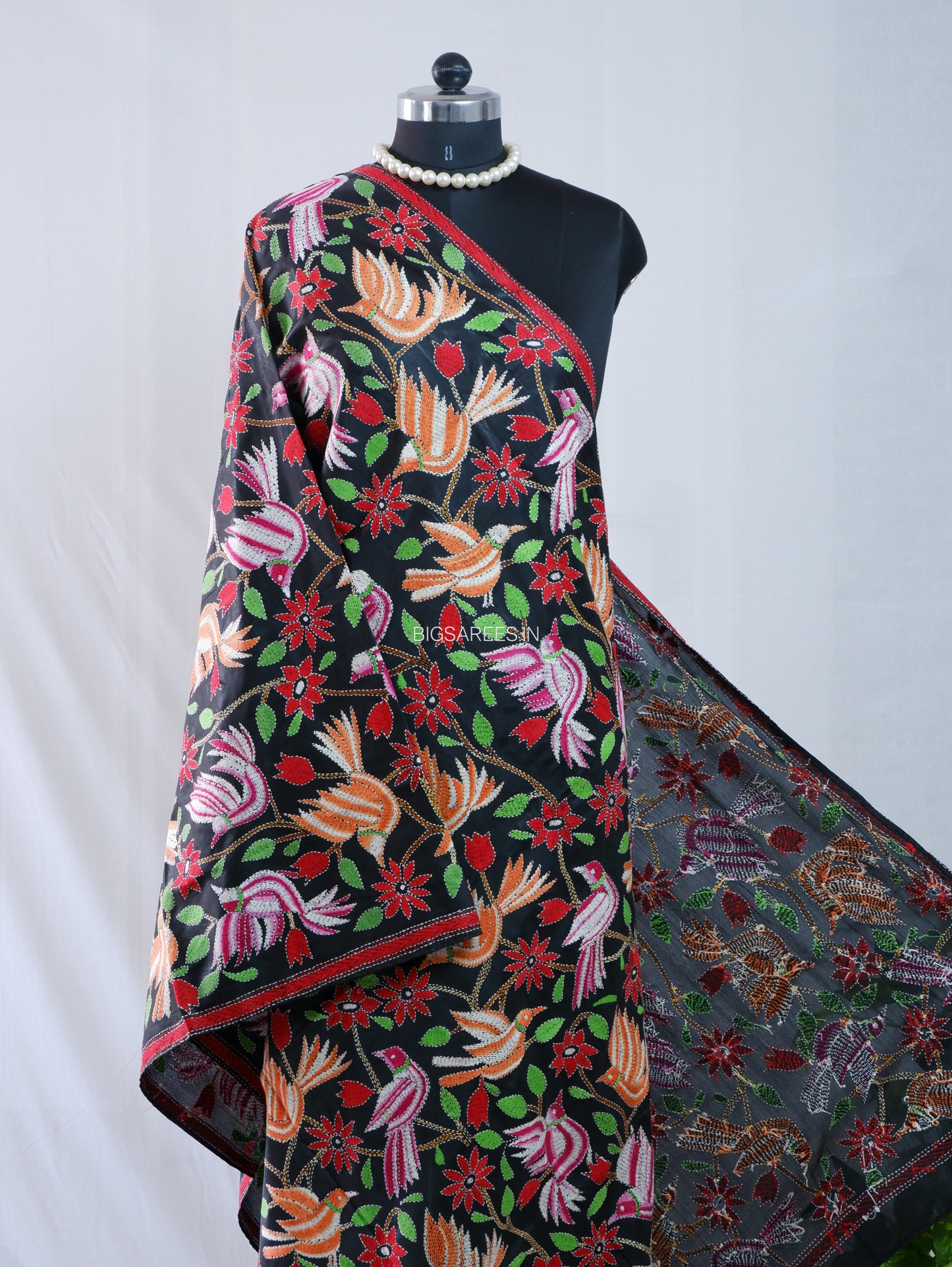 Kantha Hand-Embroidered Dupatta | Blended Bangalore Silk | Full Work | Black