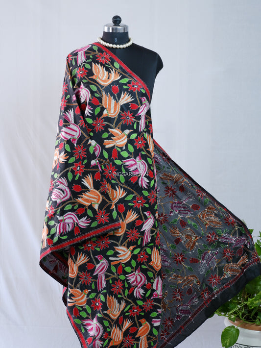 Kantha Hand-Embroidered Dupatta | Blended Bangalore Silk | Full Work | Black
