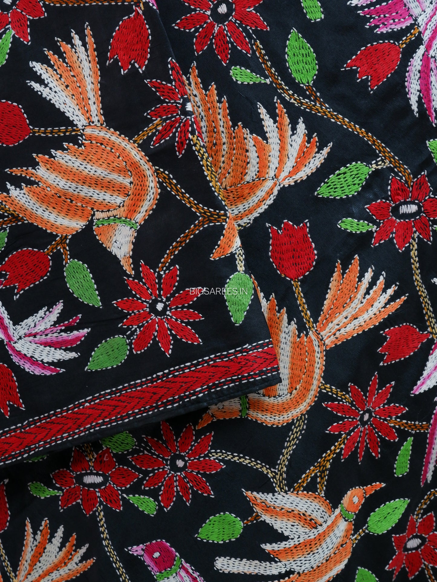 Kantha Hand-Embroidered Dupatta | Blended Bangalore Silk | Full Work | Black