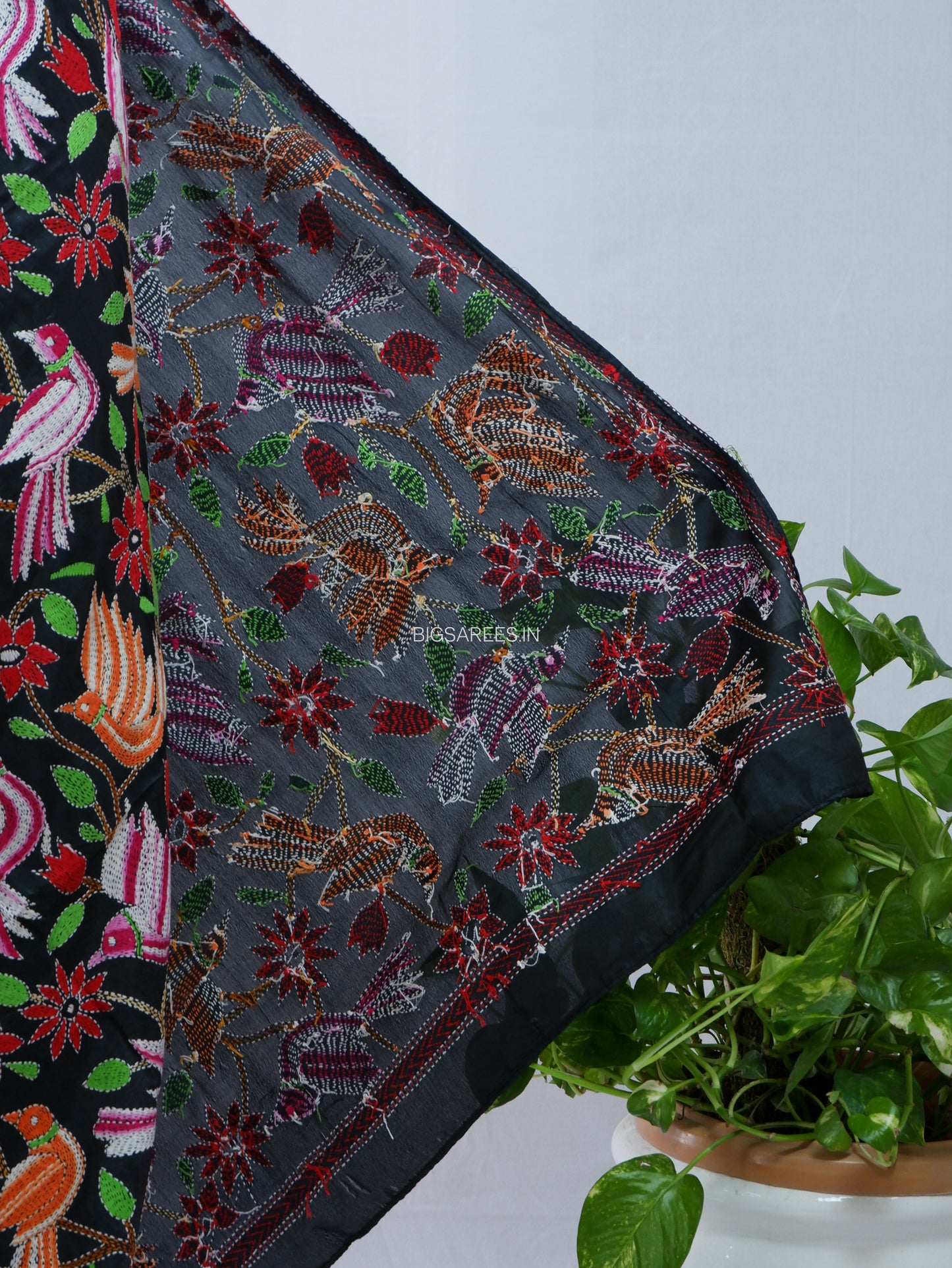 Kantha Hand-Embroidered Dupatta | Blended Bangalore Silk | Full Work | Black