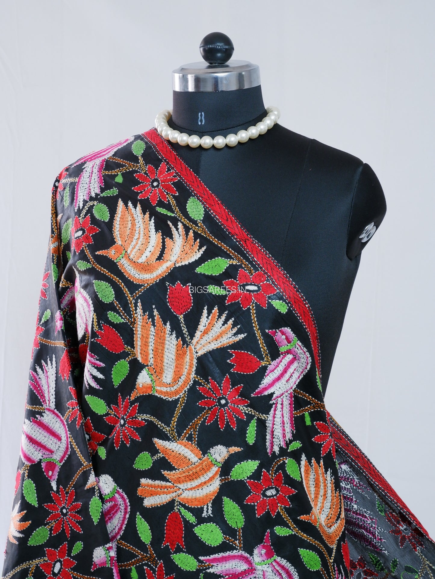 Kantha Hand-Embroidered Dupatta | Blended Bangalore Silk | Full Work | Black